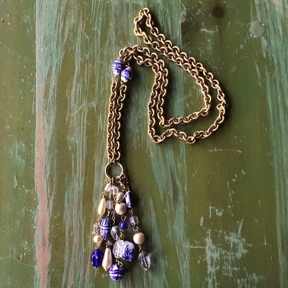 Gold and Blue Beaded Necklace